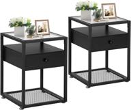 🌙 vecelo black modern nightstands with tempered glass top and metal shelf - set of 2, end side drawer, perfect decoration for living room, bedroom, lounge logo