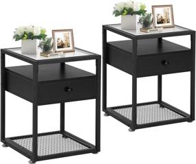 img 4 attached to 🌙 VECELO Black Modern Nightstands with Tempered Glass Top and Metal Shelf - Set of 2, End Side Drawer, Perfect Decoration for Living Room, Bedroom, Lounge