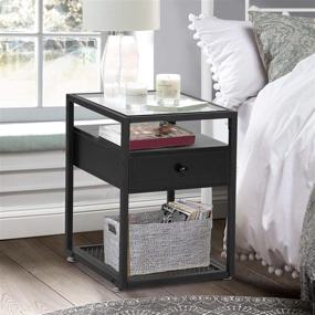 img 3 attached to 🌙 VECELO Black Modern Nightstands with Tempered Glass Top and Metal Shelf - Set of 2, End Side Drawer, Perfect Decoration for Living Room, Bedroom, Lounge