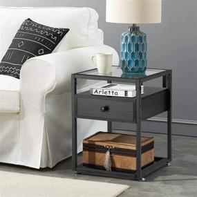 img 2 attached to 🌙 VECELO Black Modern Nightstands with Tempered Glass Top and Metal Shelf - Set of 2, End Side Drawer, Perfect Decoration for Living Room, Bedroom, Lounge