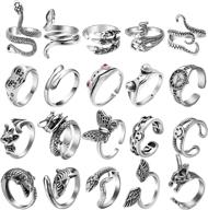 🐇 a1diee vintage punk rings set: 20 pcs stainless steel alloy biker adjustable rings featuring snake, rabbit, cat, dragon claw, octopus, frog animal designs - retro gothic knuckle ring collection in black and silver - antique jewelry logo