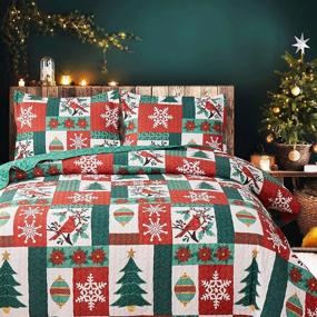 img 4 attached to 🎄 Full/Queen Size Reversible Xmas Poinsettia Red Cardinals Quilts, featuring Burgundy Green Plaid Christmas Birds Snowflake Tree Floral Bedspread. Lightweight New Year Bedding Holiday Bed Blanket Set