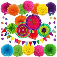 zerodeco party decorations set - 21 pcs vibrant hanging paper fans, pom poms flowers, garlands string polka dot and triangle bunting flags - ideal for birthday parties, wedding décor, fiesta or mexican party logo