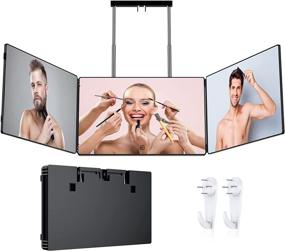 img 4 attached to 🪞 Adjustable 360° Three-Way Mirror for Self Hair Cutting - Height Adjustable Telescoping Hooks, Portable and Foldable Haircut Mirror for Travel, Bedrooms, Bathroom (No LED)