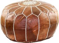 🪑 gran handmade leather moroccan pouf footstool ottoman: brown genuine leather with exquisite hand embroidered white stitching - unstuffed logo