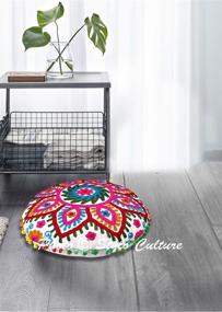 img 3 attached to Bohemian Floral Decor: Stylo Culture Indian Round Throw Pillows – Small White Embroidered Suzani Floor Cushion Cover with Pom Pom Lace and Cotton Floral Design (18x18) – 1 Pc