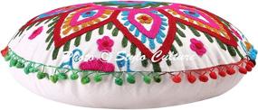 img 4 attached to Bohemian Floral Decor: Stylo Culture Indian Round Throw Pillows – Small White Embroidered Suzani Floor Cushion Cover with Pom Pom Lace and Cotton Floral Design (18x18) – 1 Pc