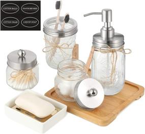 img 4 attached to Rustic Farmhouse Genenic Mason Jar Bathroom Accessories Set (6 Pcs) with Lotion Soap Dispenser, Cotton Swab Holder, Toothbrush Holder, Soap Dish, and Bamboo Pallet in Brushed Nickel Finish - Perfect Vanity Organizer for Home Decor