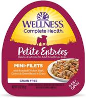 wellness petite entrees mini fillets wet dog food for small dogs, small breed, all-natural, grain-free, convenient easy open trays, real meat chunks in delicious gravy, 3-ounce cup (pack of 24) логотип