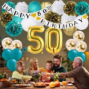 img 3 attached to 🎂 Teal Gold 50th Birthday Decorations for Women: Balloons, Pom Poms, Banner & More!