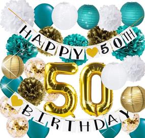 img 4 attached to 🎂 Teal Gold 50th Birthday Decorations for Women: Balloons, Pom Poms, Banner & More!