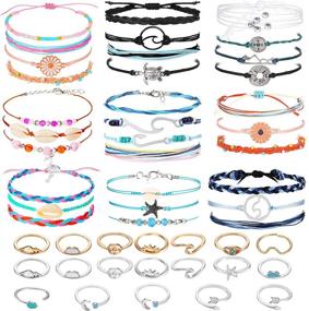 img 4 attached to 🌊 Hicarer 31-Piece Surfer Strand Wave Bracelet Set: Adjustable, Waterproof Handmade Friendship Wax Wrap Bracelet Anklet with Sunflower Braiding & Star Moon Knuckle Ring - Perfect Beach Bracelet for Girls