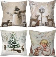 🎄 decorative throw pillow cover christmas: 18 x 18 inch animal snowman rabbit deer silver xmas cushion case - set of 4 square pillowslip, perfect gift for sofa, patio, bedroom decor - hellote xmas, 18"x18 логотип