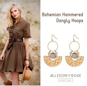 img 2 attached to 🌺 Allison Rose Atelier: Handmade Bohemian Hammered Dangle Hoop Earrings in Worn Gold Matte Plating - Elegant Long Dangling Earrings