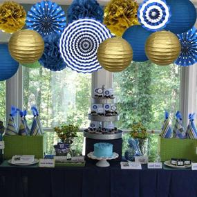 img 1 attached to Navy Blue Party Decorations: Stunning Blue and Gold Paper Lanterns, Fan Tissue Paper Pom Pom Flowers - Perfect for Navy Blue Birthdays, Baby Showers, Weddings & More!