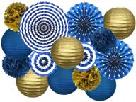 navy blue party decorations: stunning blue and gold paper lanterns, fan tissue paper pom pom flowers - perfect for navy blue birthdays, baby showers, weddings & more! logo
