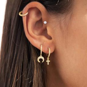 img 3 attached to 💎 6 PCS 14K Gold Plated Hypoallergenic Multiple Piercing Earrings Set with Small Cubic Zirconia Huggie Hoop Studs and Charms for Women and Girls