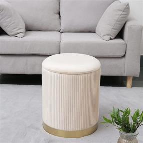 img 2 attached to 🛋️ Beige2 Large Round Velvet Storage Ottoman Footstool: Stylish 3D Wrinkle Stitching with Gold Brushed Stainless Ring Base for Bedroom, Make-up Chair and Living Room