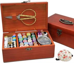 img 4 attached to 🧵 Wooden Sewing Basket - Compact 8.5 x 5.3 x 3 Inches size with Accessories and Compartments - Ideal for Sewing Kit