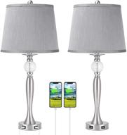 usb metal crystal table lamp set of 2 - modern nightstand lamp set with 4 usb charging ports, 28'' h table light for living room bedroom, white drum lampshade, grey логотип