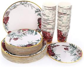 img 3 attached to 🌹 150-Piece Disposable Paper Plates and Cups Set with Gold Foil Trim Passion Rose Design: Ideal Wedding and Party Supplies, Including 50 Dinner Plates, 50 Dessert Plates, and 50 Cups