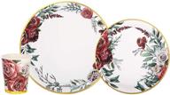 🌹 150-piece disposable paper plates and cups set with gold foil trim passion rose design: ideal wedding and party supplies, including 50 dinner plates, 50 dessert plates, and 50 cups logo