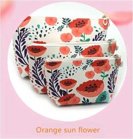 img 3 attached to XICHEN 3 PCS Waterproof Cosmetic Bag Set with Large Capacity & PU Leather - Ideal for Bathroom and Storage (3 Sizes) - Vibrant Orange Sunflower Design