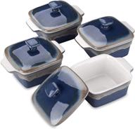 🍲 lovecasa stoneware ramekins with lids: baking souffle dishes, square mini casserole dish set of 4 - navy and grey logo