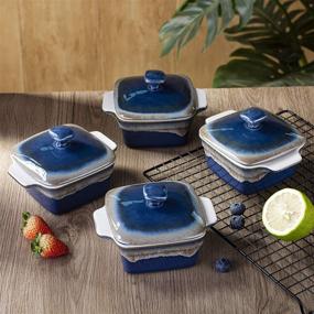 img 3 attached to 🍲 LOVECASA Stoneware Ramekins with Lids: Baking Souffle Dishes, Square Mini Casserole Dish Set of 4 - Navy and Grey