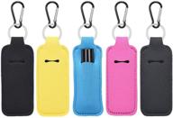 neoprene chapstick holder keychain - 5 pack with clip - lip balm, lipstick, lip gloss holder - keychain for women, men, kids, boys - black, pink, yellow, grey, blue logo