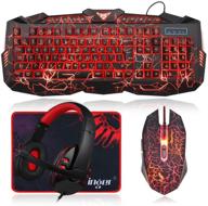 🎮 bluefinger gaming keyboard mouse headset combo - usb wired backlit keyboard, 114 keys led glow keyboard with crack design, red led light headset for laptop, pc, computer work and gaming logo