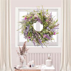 img 4 attached to 🌸 WANNA-CUL 22 inch Spring Artificial Lavender Flower Wreath: Purple Floral Door Wreath with Daisy and Green Leaves for Wedding, Wall and Home Decorations at Your Front Door