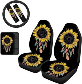 img 4 attached to 🚗 HUGS IDEA 6-Pack Car Seat Accessories Set: Dream Catcher Sunflower Feather Covers, Steering Wheel Cover, Armrest Pad, Safety Seat Belt Pads - Universal Fit for Sedan, Vans, Trucks, SUVs