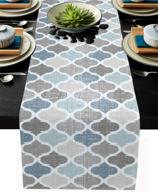 🏺 cotton linen moroccan table runner - small 36-inch geometric quatrefoil lattice dresser scarves for kitchen coffee/dining farmhouse - home living room and holiday dinner scarf décor in blue grey logo