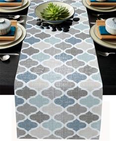 img 4 attached to 🏺 Cotton Linen Moroccan Table Runner - Small 36-inch Geometric Quatrefoil Lattice Dresser Scarves for Kitchen Coffee/Dining Farmhouse - Home Living Room and Holiday Dinner Scarf Décor in Blue Grey