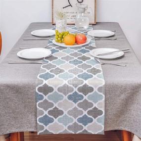 img 1 attached to 🏺 Cotton Linen Moroccan Table Runner - Small 36-inch Geometric Quatrefoil Lattice Dresser Scarves for Kitchen Coffee/Dining Farmhouse - Home Living Room and Holiday Dinner Scarf Décor in Blue Grey