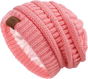 img 3 attached to Womens Satin Lined Winter Beanie Hats Cable Knit Beanie for Men Silk Lining Thick Chunky Cap Soft Slouchy Warm Hat: Stylish & Cozy Headgear for Cold Weather