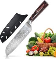 нож santoku - razorchef 7 дюймовый профессиональный нож для кухни шеф-повара - высокоуглеродистая нержавеющая сталь с дамасским рисунком, сверхострое лезвие с ножнами, эргономичная ручка из паккавуда. логотип