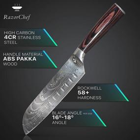 img 1 attached to Нож Santoku - RazorChef 7 дюймовый профессиональный нож для кухни шеф-повара - высокоуглеродистая нержавеющая сталь с дамасским рисунком, сверхострое лезвие с ножнами, эргономичная ручка из паккавуда.