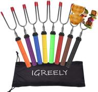 🔥 multicolor marshmallow roasting sticks - extendable campfire forks for smores, hot dogs & more - 8pcs rotating skewers - 34 inch steel fork camping kit logo