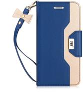 fyy leather wallet flip folio case with mirror and wrist strap for iphone 8 plus/iphone 7 plus - navy logo