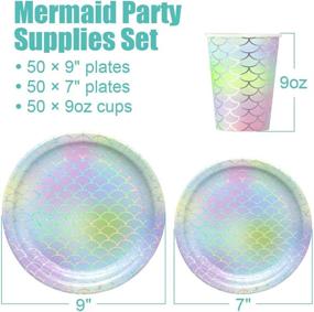 img 3 attached to 🧜 Mermaid Party Supplies: 150 PCS Paper Dinnerware Set for Bridal Wedding, Baby Shower, Birthday, and More - Hawaii Ocean Themed Disposable Tableware with 50 Dinner Plates, 50 Dessert Plates, 50 9 oz Cups