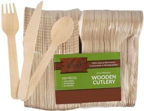 img 4 attached to Pack of 200 Wood Collection Disposable Wooden Cutlery Set – 50 Knives, 50 Spoons, and 100 Forks – Natural and Biodegradable Birchwood – Compostable Wooden Tableware for Parties