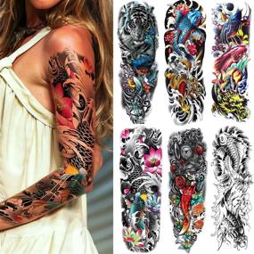 img 1 attached to 🌸 Fish and Flower Full Arm Temporary Tattoo Sleeves – 6 Sheets of Fake Fish Sleeve Tattoo Stickers for Women, Men, and Kids – Ideal for Makeup and Fun Activities