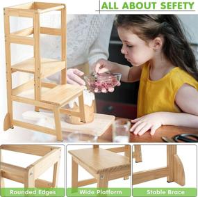 img 1 attached to 3 Height Adjustable Kitchen Step Stool for Kids and Toddlers: Safe Standing Tower with Safety Rail, Natural Solid Wood