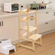 3 height adjustable kitchen step stool for kids and toddlers: safe standing tower with safety rail, natural solid wood logo