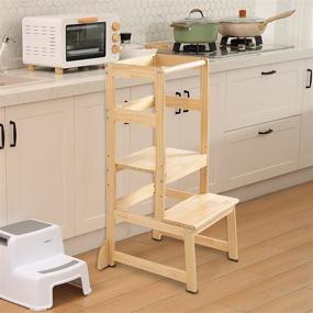 img 4 attached to 3 Height Adjustable Kitchen Step Stool for Kids and Toddlers: Safe Standing Tower with Safety Rail, Natural Solid Wood