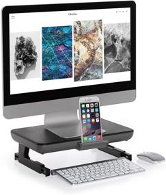 img 4 attached to 🖥️ Adjustable Height Foldable Monitor Stand Riser with Storage Drawer, Tablet Phone Stand - Black