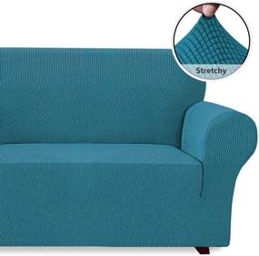 img 3 attached to iCOVER Spandex Jacquard Loveseat Sofa Slipcover, High Stretch One-Piece Couch Cover, Peacock Blue, Machine Washable, Easy Installation with Bottom Elastic, Non-Slip Furniture Protector