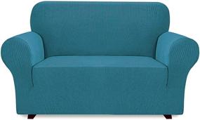 img 4 attached to iCOVER Spandex Jacquard Loveseat Sofa Slipcover, High Stretch One-Piece Couch Cover, Peacock Blue, Machine Washable, Easy Installation with Bottom Elastic, Non-Slip Furniture Protector